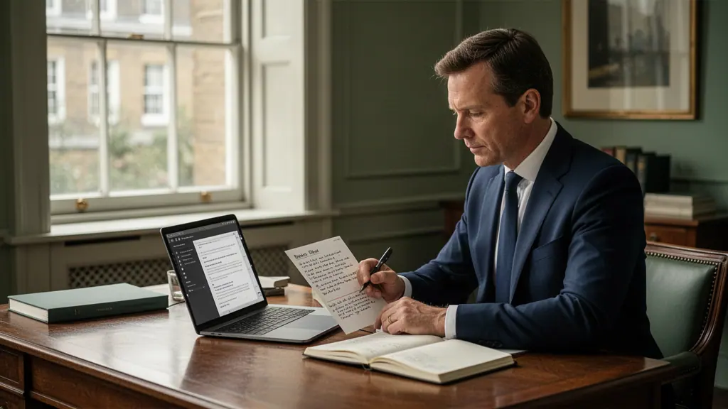 Professional preparing for an important meeting with notes and a laptop